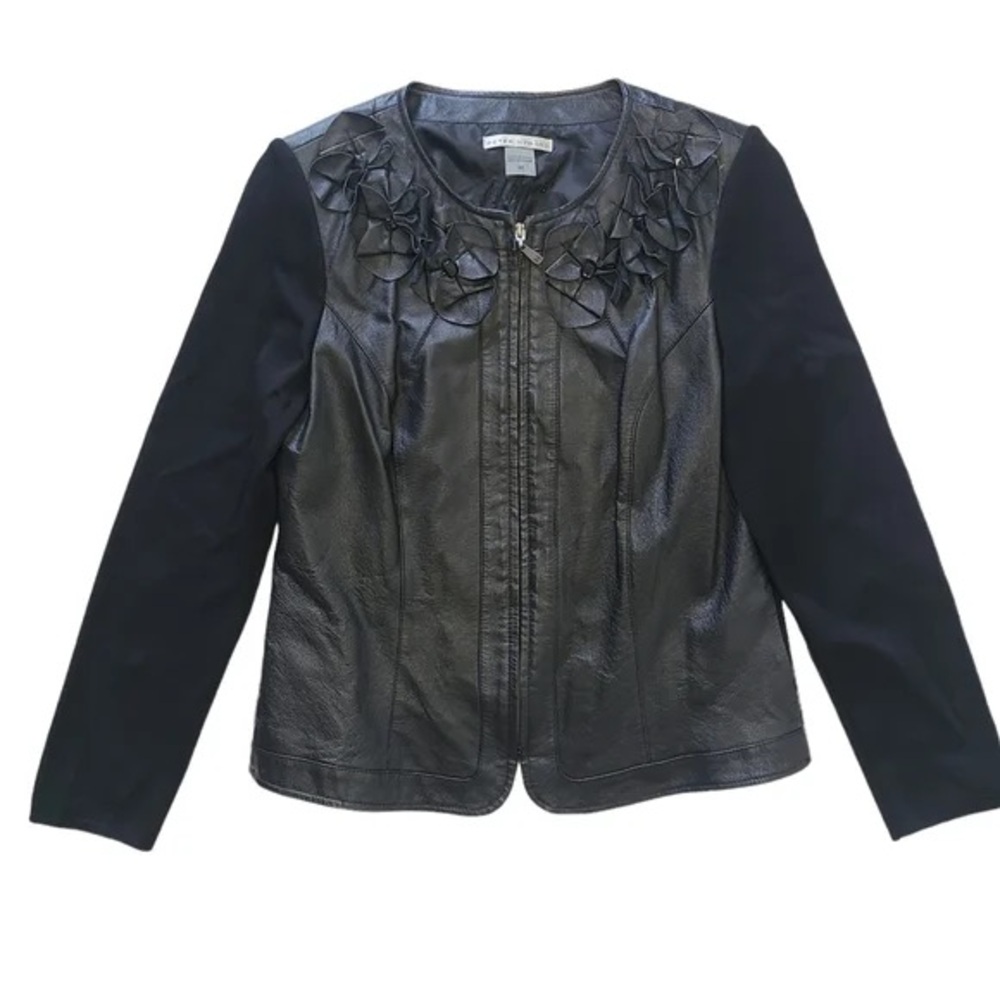 Peter Nygard Black Leather‎ Floral Applique Knit Blazer Jacket Medium Petites